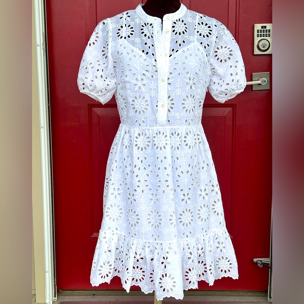 NWOT J CREW s0P wht eyelet dress-attached slip-sold out on website-puff sleeves